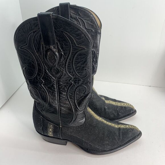 Los Altos Exotic Stingray‎ Men's Size 8.5EE Black Leather Western Cowboy Boots - Picture 1 of 10